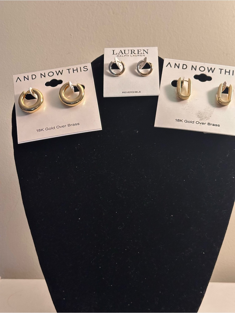 Assortment of Both Ralph Lauren & And Now This earrings. 18 kt gold over brass.